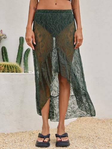Womens Lace Maxi Skirt Summer High Low Asymmetrical Sheer Y2K Sexy Beach Cover-up Long Skirts