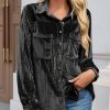 Womens Velvet Button Down Shirt Casual Long Sleeve V Neck Collared Tops Fall Shacket Jacket with Pockets