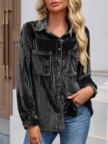 Womens Velvet Button Down Shirt Casual Long Sleeve V Neck Collared Tops Fall Shacket Jacket with Pockets