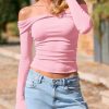 Womens Off The Shoulder Tops Cropped Going Out Slim Fit Long Sleeve Summer Shirts Cute Y2K Ruched Tight Tees Pink