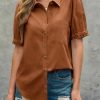Womens Puff Short Sleeve Button Down Shirts Summer Casual Collared V Neck Blouse Linen Loose Fit Work Tops