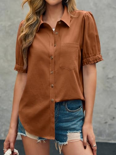 Womens Puff Short Sleeve Button Down Shirts Summer Casual Collared V Neck Blouse Linen Loose Fit Work Tops