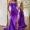 Mermaid Strapless Prom Dress for Women Long Cutout Satin Bow Ruched Formal Evening Gowns with Slit YZTS229