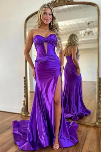 Mermaid Strapless Prom Dress for Women Long Cutout Satin Bow Ruched Formal Evening Gowns with Slit YZTS229