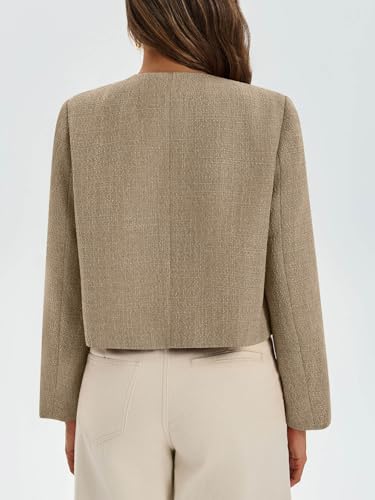 Womens Cropped Tweed Blazer Collarless Button Down Bomber Jacket Business Casual Fall Outfits