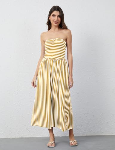 Women Striped Strapless Flowy Maxi Dress Backless Patchwork Tube Top Dress Summer Party Formal Long Dresses