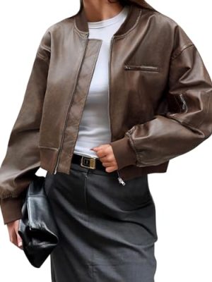 Womens Faux Leather Bomber Jackets Baseball Collar Zip Up Cropped Biker Coat with Pockets