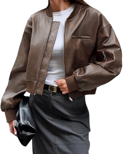Womens Faux Leather Bomber Jackets Baseball Collar Zip Up Cropped Biker Coat with Pockets