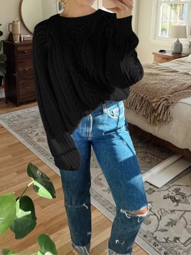 Womens Oversized Cable Knit Sweaters Crew Neck Long Sleeve Fall Chunky Pullover Casual Loose Fit Sweater Tops