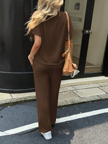 Womens 2 Piece Lounge Sets Casual Batwing Short Sleeve Knit Sweater Loose Wide Leg Pants Travel Outfits
