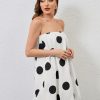 Women’s Polka Dot Bubble Mini Dress Strapless Backless Loose Fit Tube Dress Elegant Pleated Elastic Beach Dress