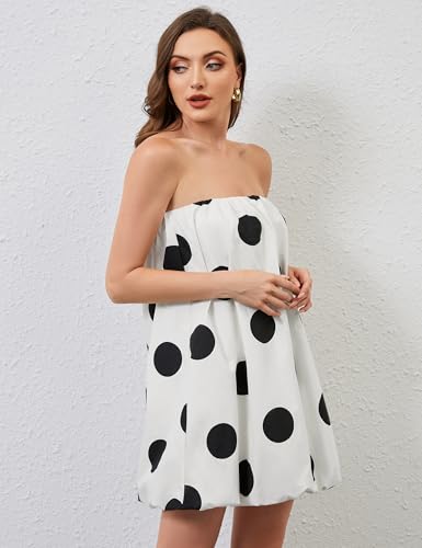 Women’s Polka Dot Bubble Mini Dress Strapless Backless Loose Fit Tube Dress Elegant Pleated Elastic Beach Dress