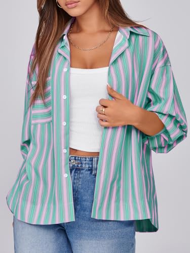 Womens Striped Button Down Shirts 2024 Fall Fashion Puff Long Sleeve Loose Fitting Work Tops