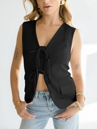 Womens Tie Front Blazer Vest Summer Sleeveless V Neck Tank Top 2025 Casual Business Waistcoat