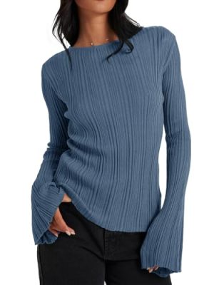 Womens Bell Long Sleeve Tops Going Out Knitted Pullover Sweater 2025 Fall Fashion Lightweight Winter Shirts