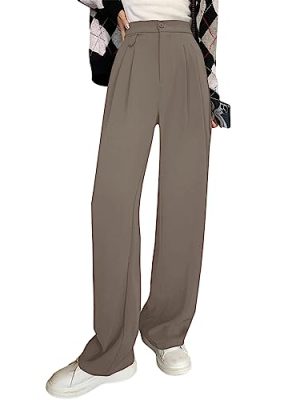Women's High Waisted Work Pants Pleated Office Casual Straight Leg Dress Pants Trousers with Pockets