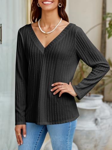 Womens Long Sleeve Tops Trendy V Neck Ribbed Lightweight Shirts Dressy Casual Loose Fit Blouses