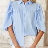 Womens Summer Button Down Shirts Short Ruffle Puff Sleeve Cotton Blouses Dressy Casual Ladies Tops