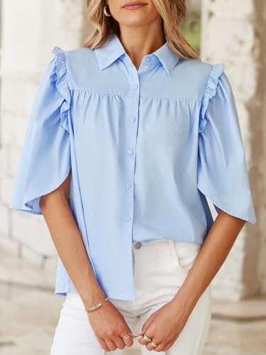 Womens Summer Button Down Shirts Short Ruffle Puff Sleeve Cotton Blouses Dressy Casual Ladies Tops
