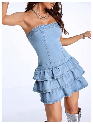 Women's Sexy Jeans Denim Strapless Dresses Bodycon Corset Tube Mini Dress