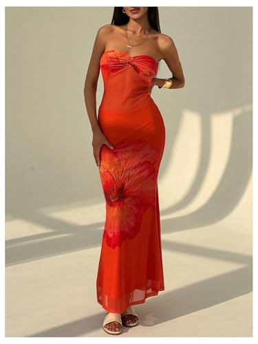 41telVOxMhL.jpg Women's Floral Twist Front Mesh Tube Dress Elegant Strapless Fishtail Maxi Dresses