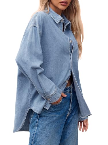 Womens Oversized Denim Shirt Jean Jacket 2025 Fall Fashion Button Down Shirts Long Sleeve Tops Trendy Shackets