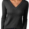 Womens Long Sleeve Tops Trendy V Neck Ribbed Lightweight Shirts Dressy Casual Loose Fit Blouses