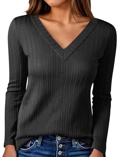Womens Long Sleeve Tops Trendy V Neck Ribbed Lightweight Shirts Dressy Casual Loose Fit Blouses
