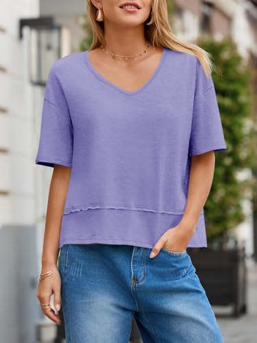 41tp62tmsmL.jpg Womens Summer V Neck T Shirts Casual Short Sleeve Flowy Tops Cute Loose Fit Basic Tees
