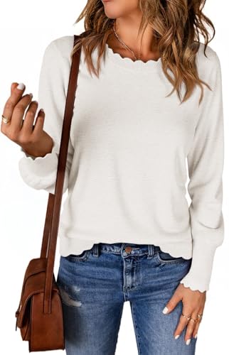 Womens Crew Neck Long Sleeve Sweater Trendy Casual Scallop Trim Fall Knit Lightweight Pullover Tops