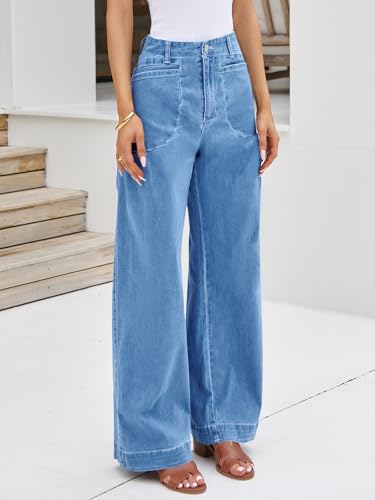 Womens Wide Leg Jeans High Waisted Stretchy Baggy Loose Denim Casual Pants with Pockets