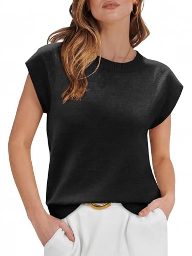 Womens Cap Sleeve Sweater Vest Summer Casual Sleeveless Knit Tank Tops Loose Fit Crew Neck Shirts Pullover