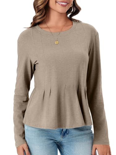Womens Long Sleeve T-Shirts Pleated Crew Neck Peplum Dressy Casual Fall Tee Tops