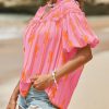 Womens Summer Babydoll Tops Short Lantern Sleeve Bow Print Blouse V Neck Pleated Casual Cute Tee Shirts