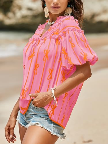 Womens Summer Babydoll Tops Short Lantern Sleeve Bow Print Blouse V Neck Pleated Casual Cute Tee Shirts