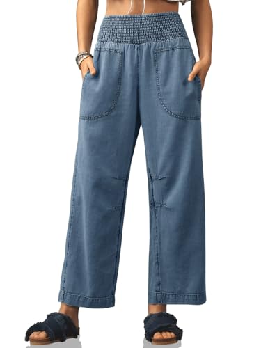 Womens Smocked Barrel Jeans Casual Trendy High Waisted Baggy Pull On Denim Pants