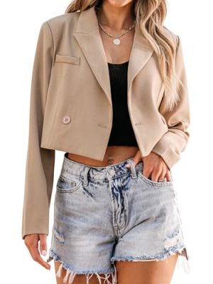 Cropped Blazers for Women Business Casual Open Front Long Sleeve Suit Jacket Trendy Oversized Work Office Blazer