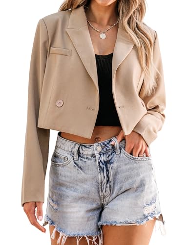 Cropped Blazers for Women Business Casual Open Front Long Sleeve Suit Jacket Trendy Oversized Work Office Blazer