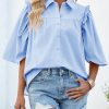 Womens Summer Button Down Shirts Short Ruffle Puff Sleeve Cotton Blouses Dressy Casual Ladies Tops