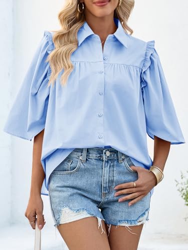 Womens Summer Button Down Shirts Short Ruffle Puff Sleeve Cotton Blouses Dressy Casual Ladies Tops