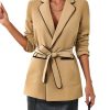 Womens Belted Casual Blazer Long Sleeve Open Front Contrast Binding Suit Jackets Dressy Blouse Tops