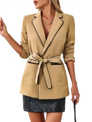 Womens Belted Casual Blazer Long Sleeve Open Front Contrast Binding Suit Jackets Dressy Blouse Tops