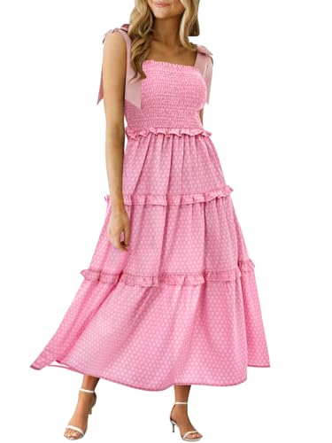 Womens Summer Floral Maxi Dress Smocked Tie Shoulder Boho Sleeveless Ruffle Tiered Casual Beach Dresses