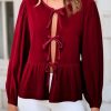 Womens Cute Tie Front Peplum Velvet Tops Puff Long Sleeve Babydoll Shirts Casual Blouses 2025 Fall Outfits