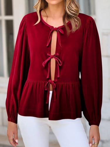 Womens Cute Tie Front Peplum Velvet Tops Puff Long Sleeve Babydoll Shirts Casual Blouses 2025 Fall Outfits