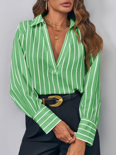 Womens Deep V Neck Blouse Casual Striped Long Sleeve Loose Fit Work Shirt Tops
