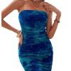 Women's Tie Dye Strapless Backless Bandeau Pencil Dress Knit Mesh Bodycon Tube Dresses Ruched Mini Dress