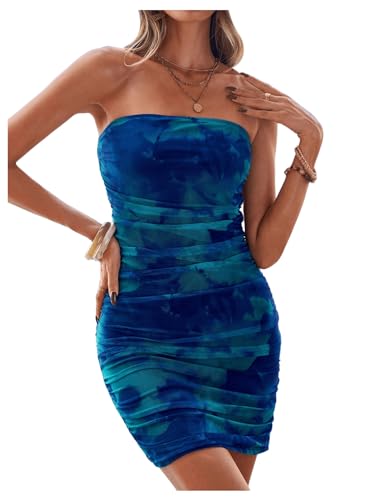 Women's Tie Dye Strapless Backless Bandeau Pencil Dress Knit Mesh Bodycon Tube Dresses Ruched Mini Dress