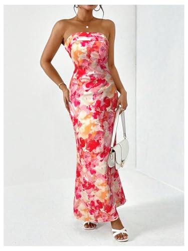 Women's Floral Cut Out Backless Strapless Tube Dress Summer Vacation Maxi Dresses