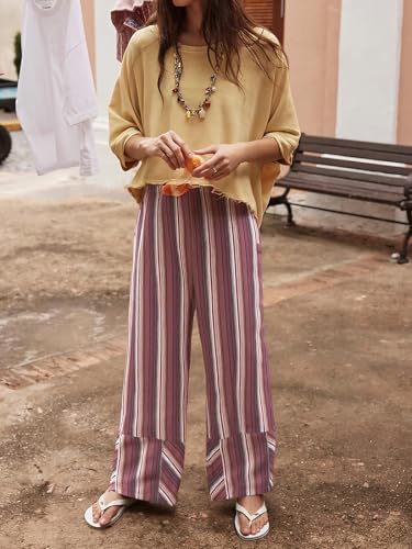 Womens Wide Leg Lounge Pants Elastic High Waisted Striped Palazzo Pants Flowy Casual Beach Travel Trousers